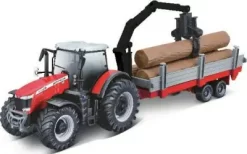 Bburago - Massey Ferguson Traktor Med Kran Og Vogn - Die-Cast Metal - 10 CM